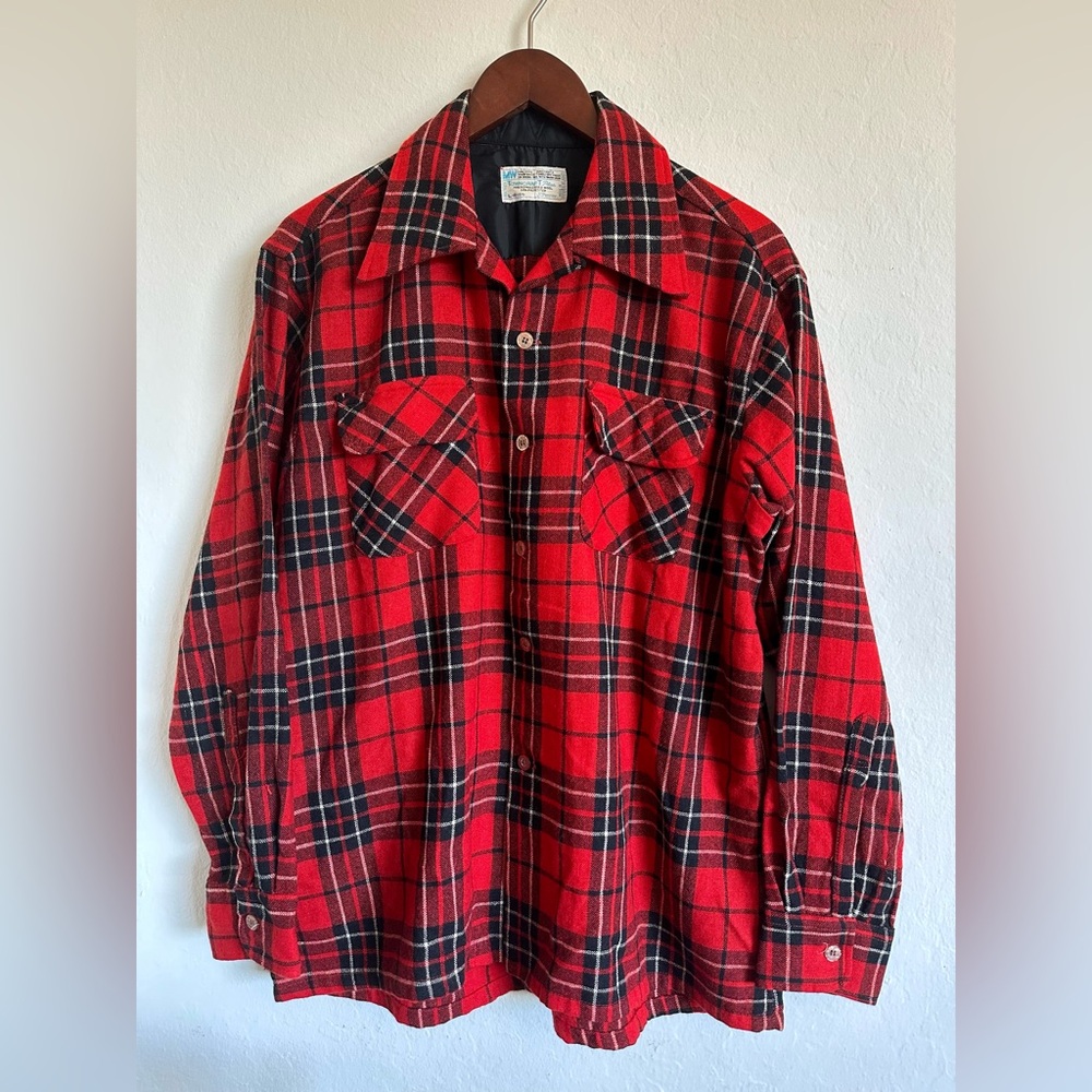 Vintage Towncraft shirt loop collar red black white plaid flannel shirt vtg L